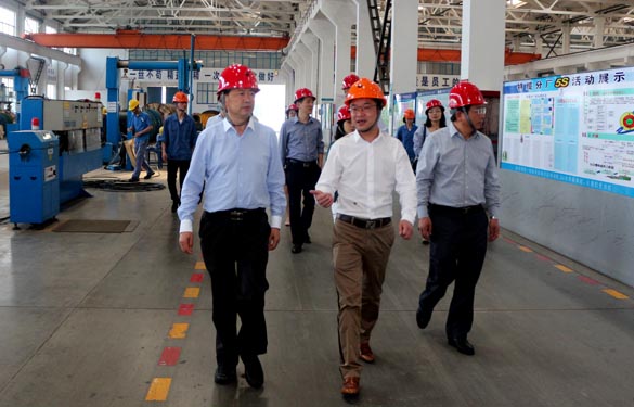 2016年5月6日，江蘇省法制辦主任于愛榮在集團(tuán)總經(jīng)理丁志鴻陪同下參觀生產(chǎn)現(xiàn)場